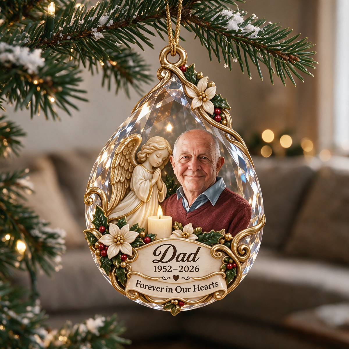 Personalized Custom Photo Dad Memorial Angel Candle Teardrop 3D Ornament - Christmas Remembrance Keepsake