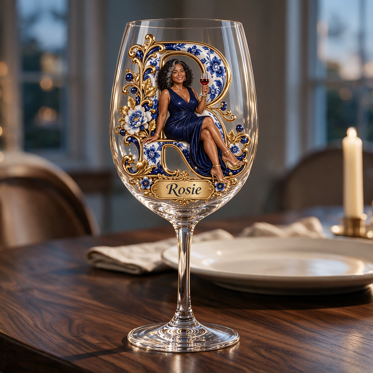 Personalized Custom Photo Blue Floral Wine Glass - Gift for Older Women