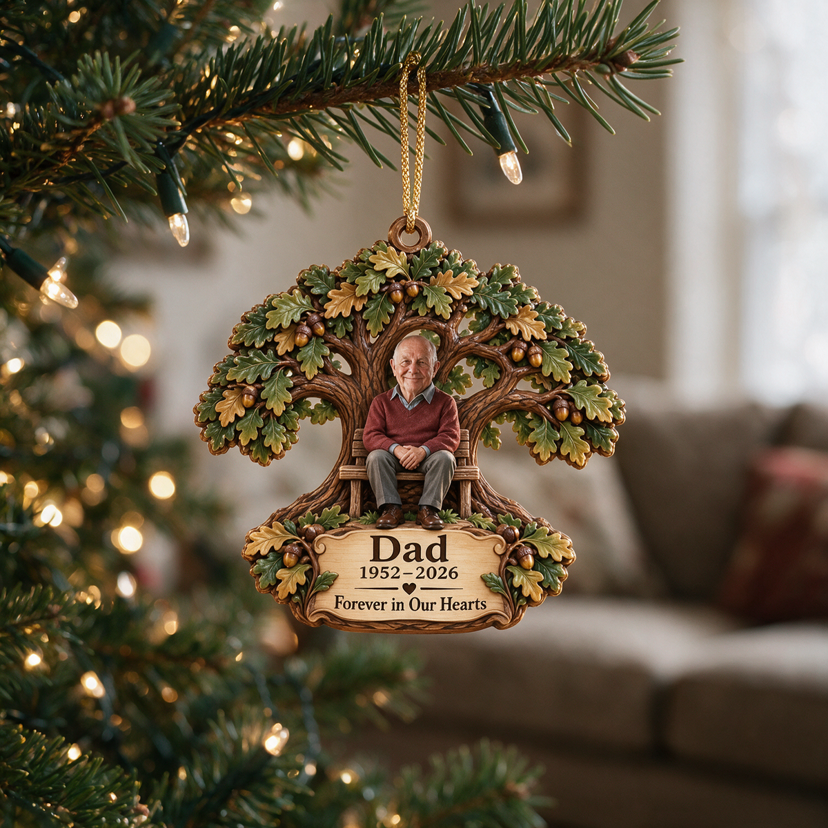 Personalized Custom Photo Dad Memorial Oak Tree Bench Layered Wood Ornament - Christmas Remembrance Keepsake