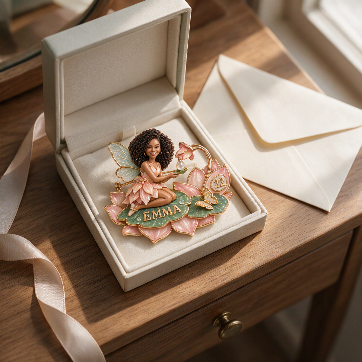 Personalized Lotus-Dew Wish Fairy Brooch - Birthday Gift with Custom Photo, Name and Age