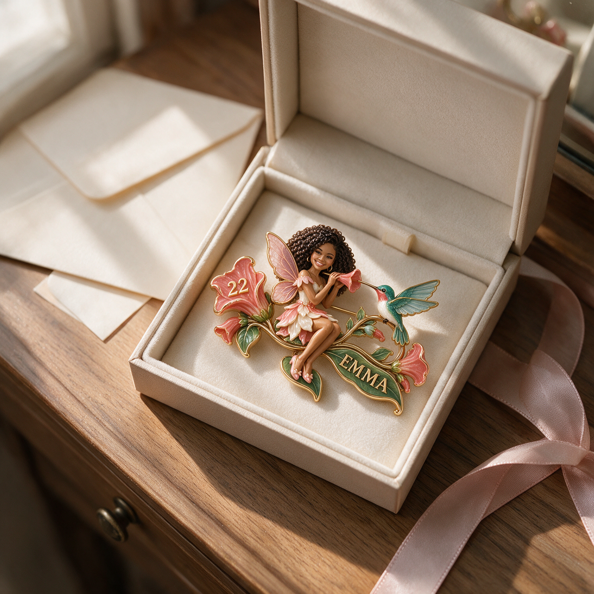 Personalisierte Blumenfee Brosche - Geburtstagsgeschenk mit Foto, Name und Alter, Kolibri und Trompetenblumen