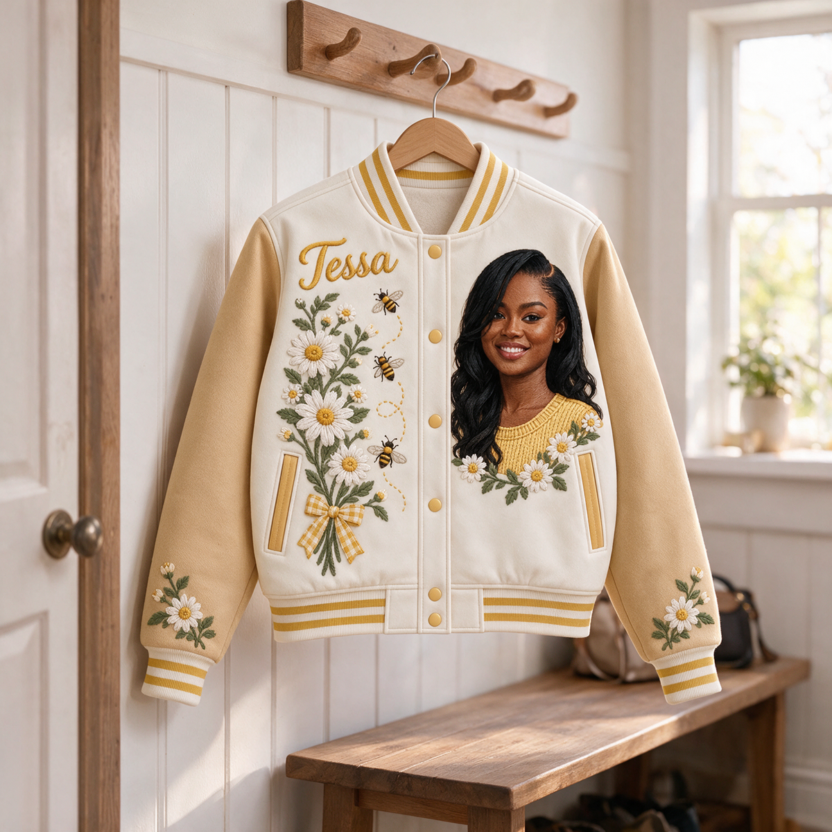 Personalized Daisy Bee Varsity Jacket - Women's Embroidered Portrait and Name