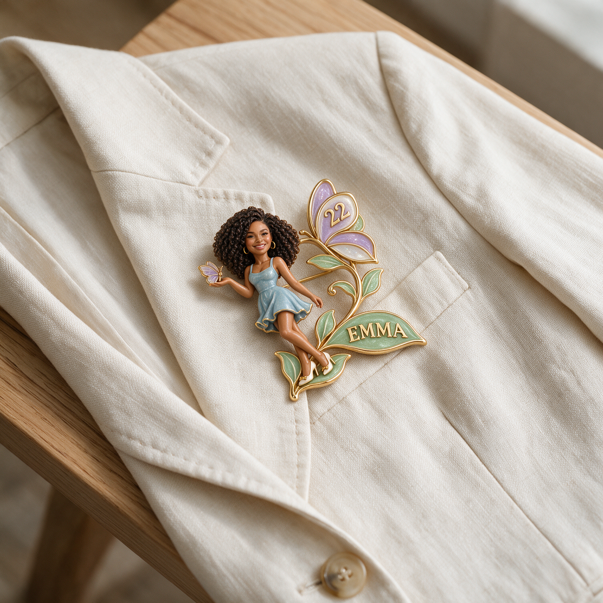 Personalized Birthday Butterfly Brooch - Sculpted Portrait, Name and Age