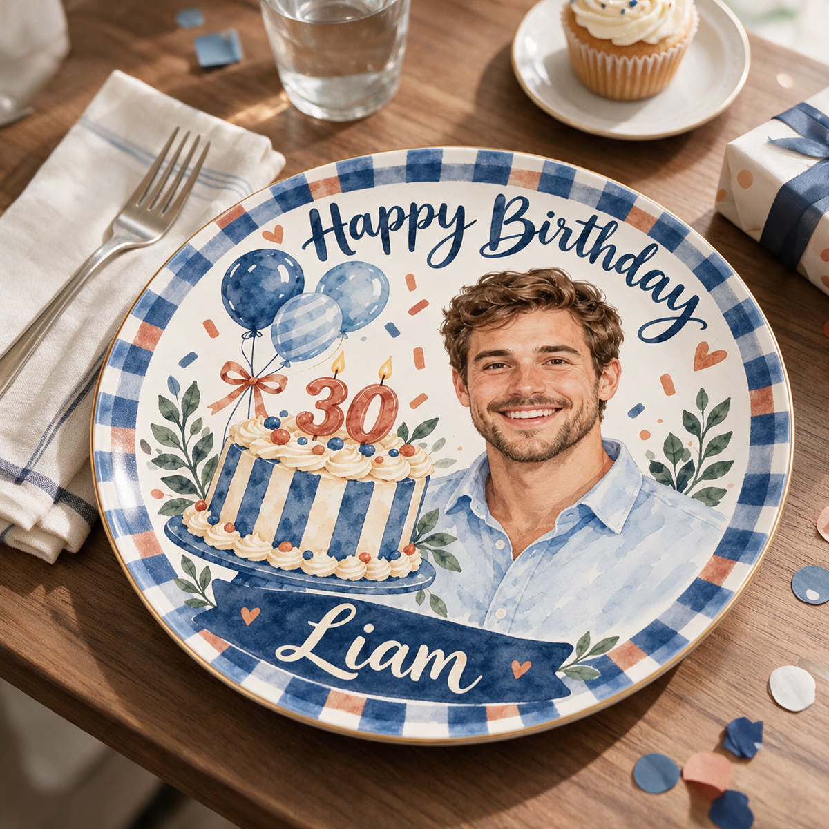Personalized Birthday Ceramic Round Plate - Navy Gingham Watercolor Portrait Gift