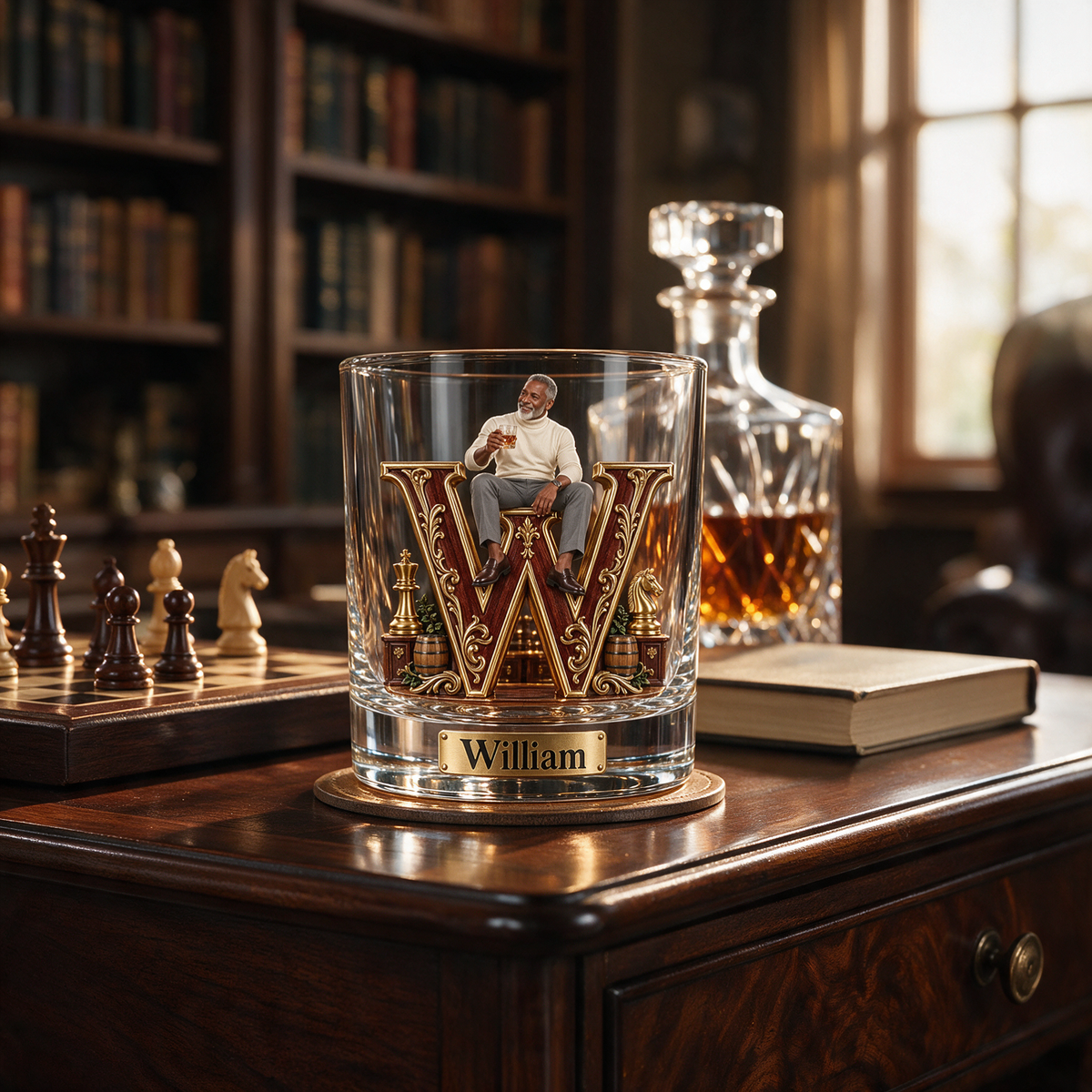 Personalized Custom Photo Chess Monogram Whiskey Glass - Gift for Older Men Who Love Whiskey