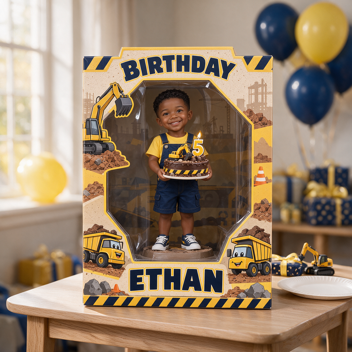Personalized Custom Photo Construction Acrylic Display Box - 5th Birthday Gift for Boys