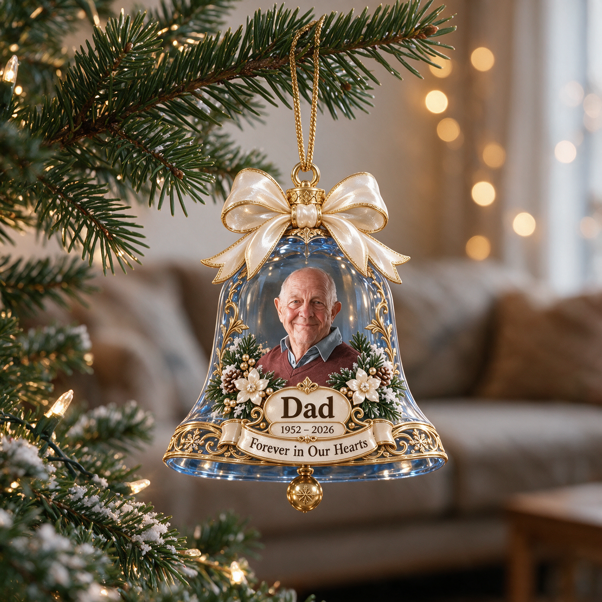 Personalized Custom Photo Dad Memorial Bell 3D Ornament - Christmas Remembrance Keepsake