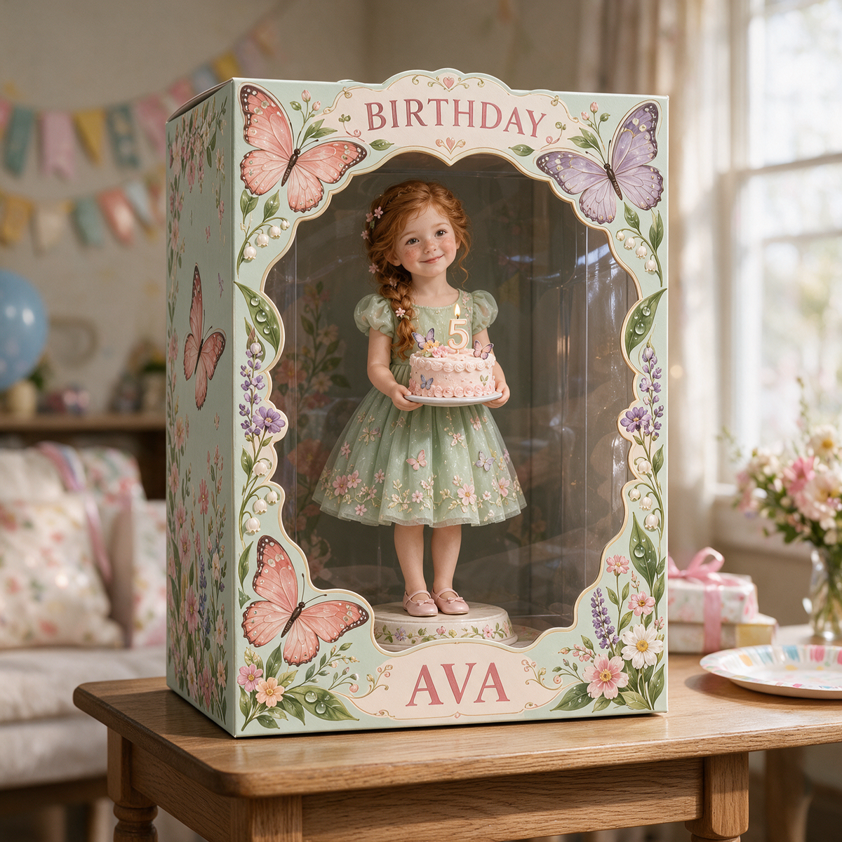 Personalisierte Acryl-Displaybox für Fotos im Schmetterlingsgarten - 5. Geburtstag Geschenk für Mädchen