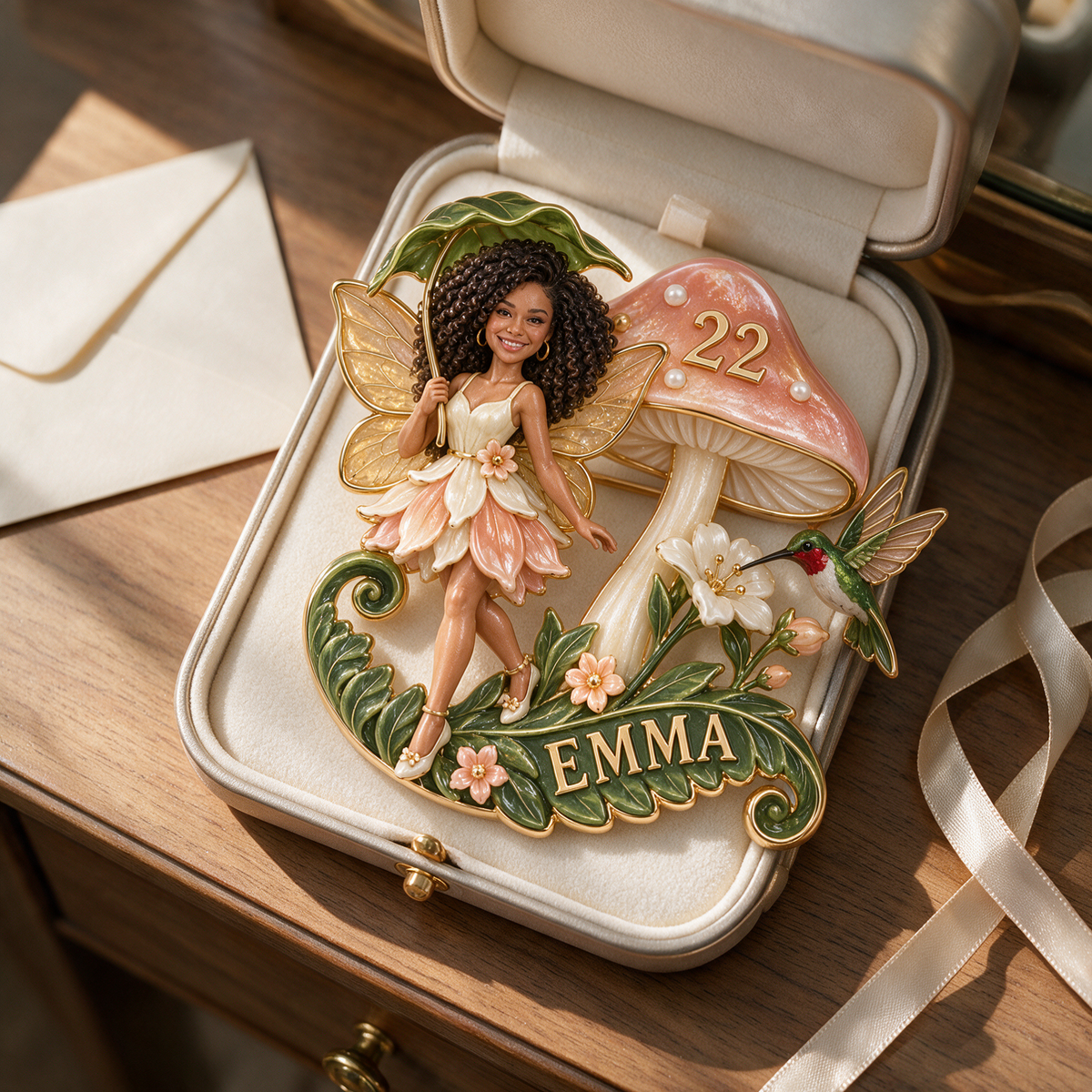 Personalisierte Feengarten-Anstecknadel - Geburtstagsgeschenk mit Foto, Name und Alter, Pilz und Kolibri