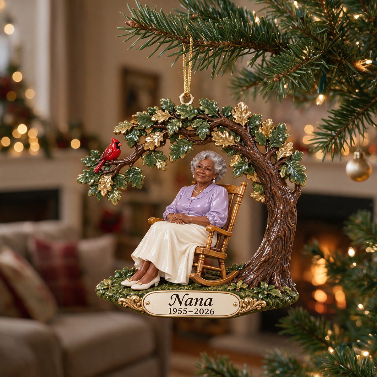 Personalized Custom Photo Oak Tree Rocking Chair Memorial 3D Christmas Ornament - Grandmother Remembrance Keepsake