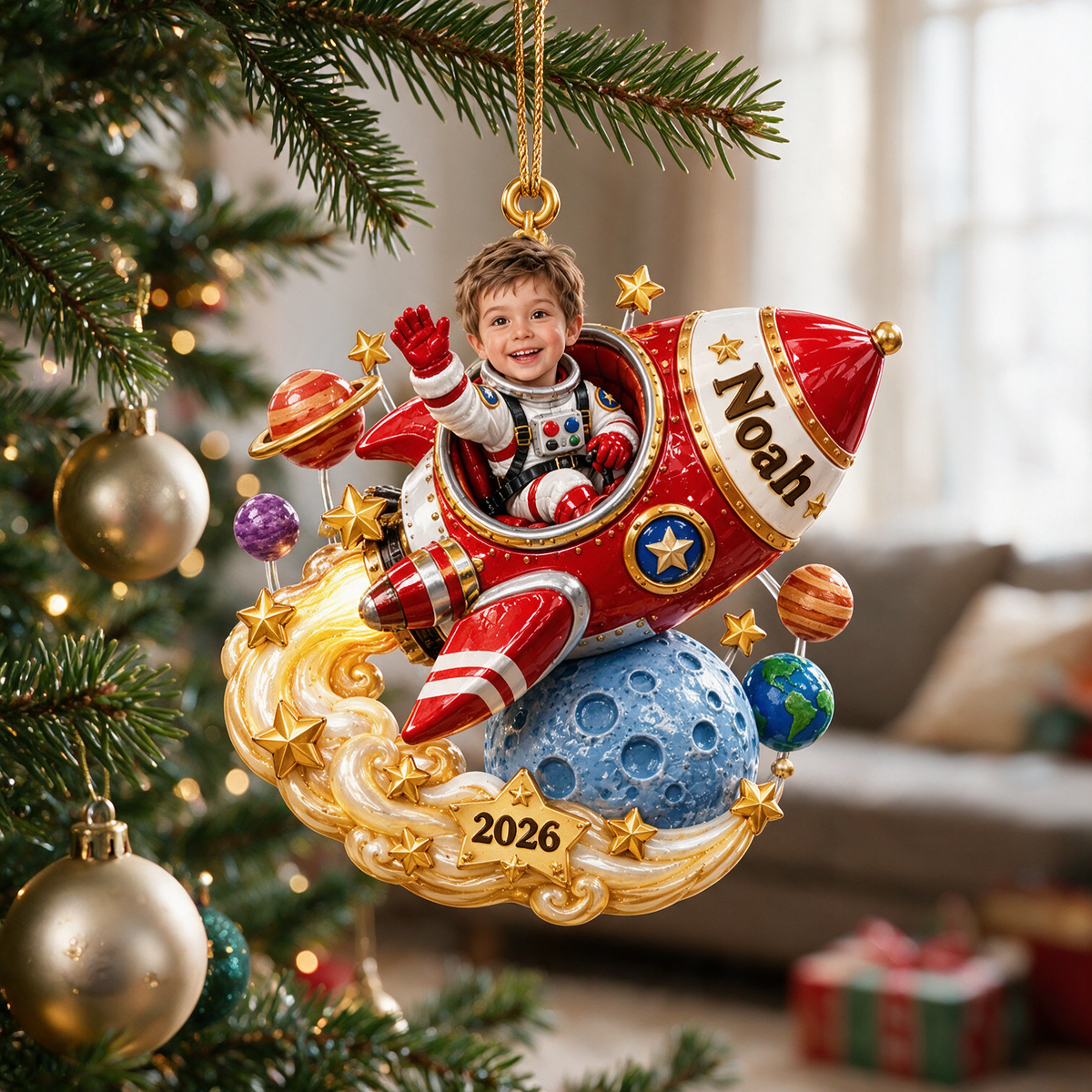 Personalized Custom Photo Rocket 3D Ornament - 2026 Christmas Gift for Boys