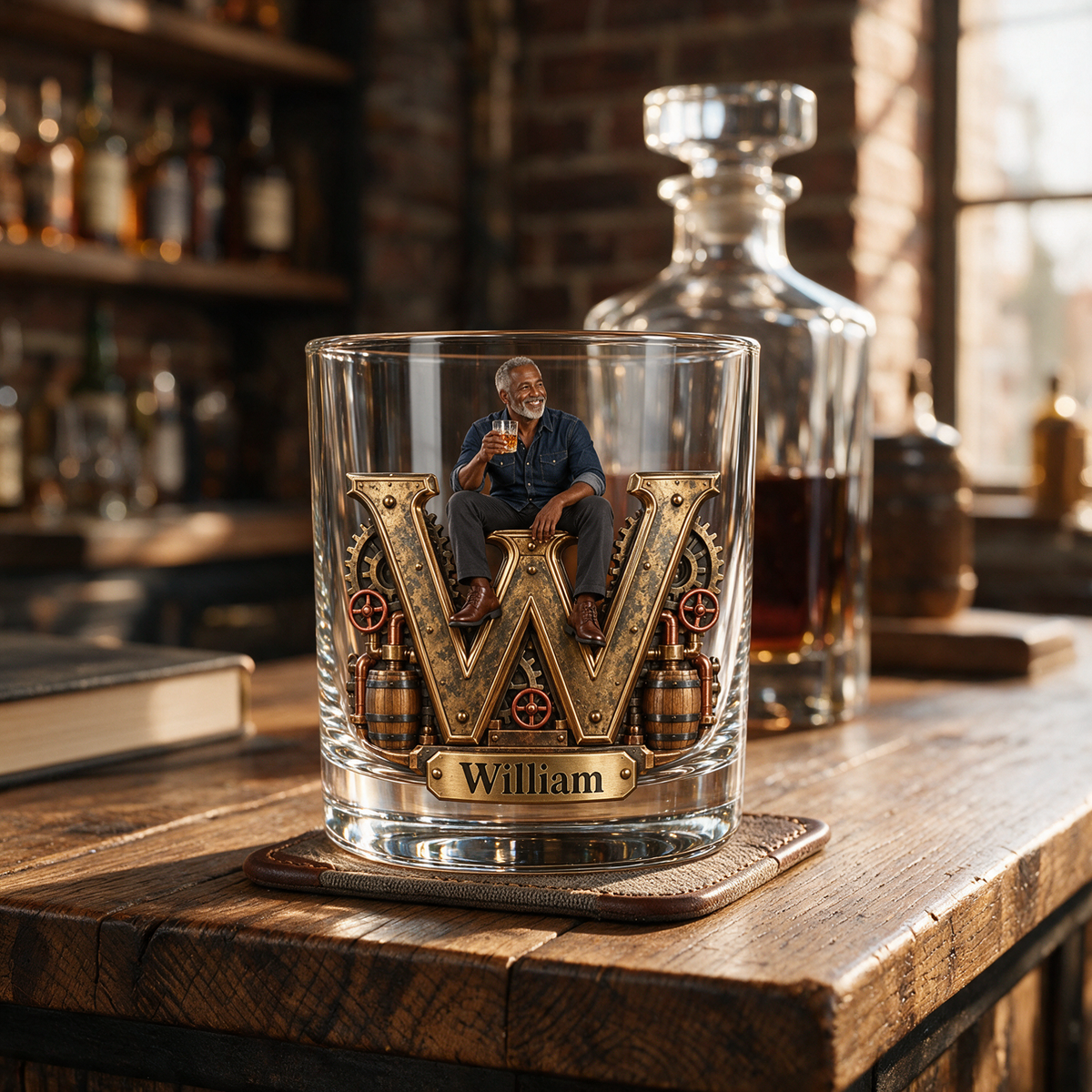 Personalized Custom Photo Industrial Monogram Whiskey Glass - Gift for Older Men Who Love Whiskey