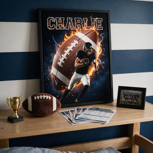 Personalized Football On Fire Custom Photo Poster - Gift for Boys & Girls Sports Fan Room Decor