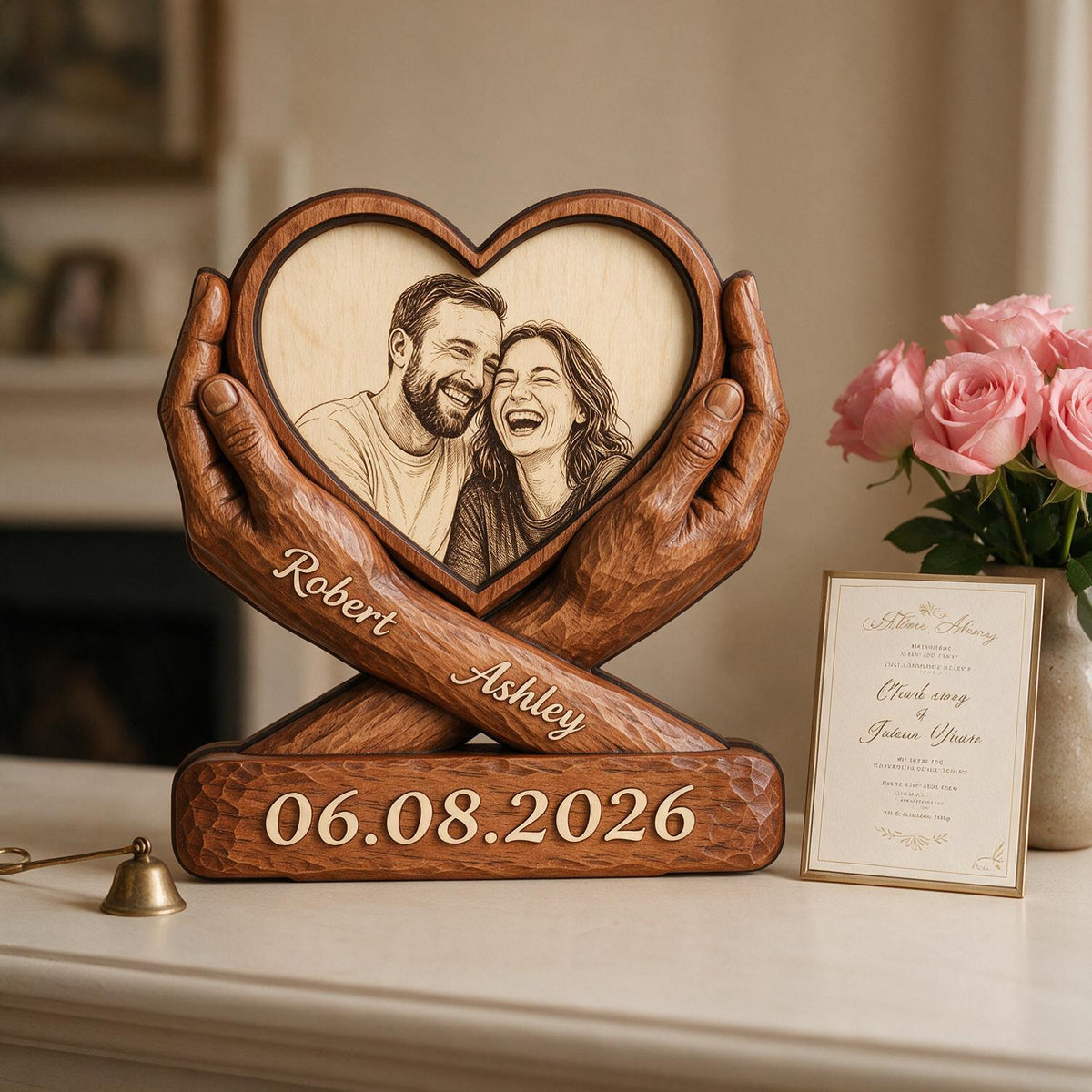 Personalisierte Paarfoto Skizze Stil Ewige Liebe - 2-lagige Holztafel - Jubiläumsgeschenk für Paare, für ihn, für sie