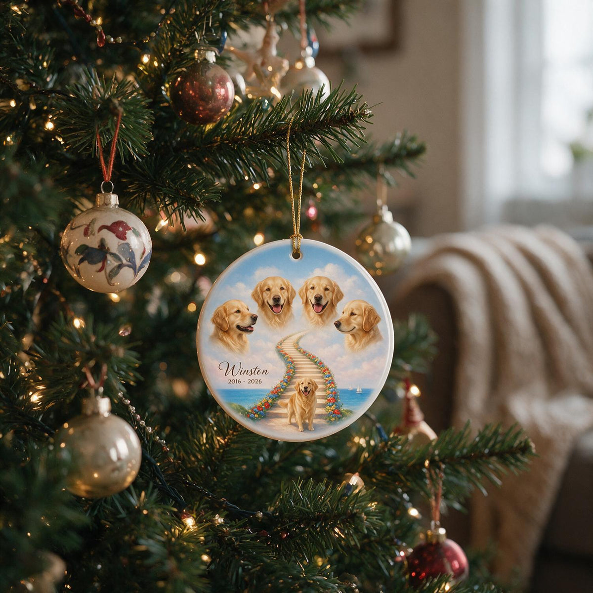 Tiergedenken Treppe zum Himmel - Personalisierte Keramikornament - Individuelles Tierfoto, Tierverlustgeschenk, Mitgefühlsgeschenk