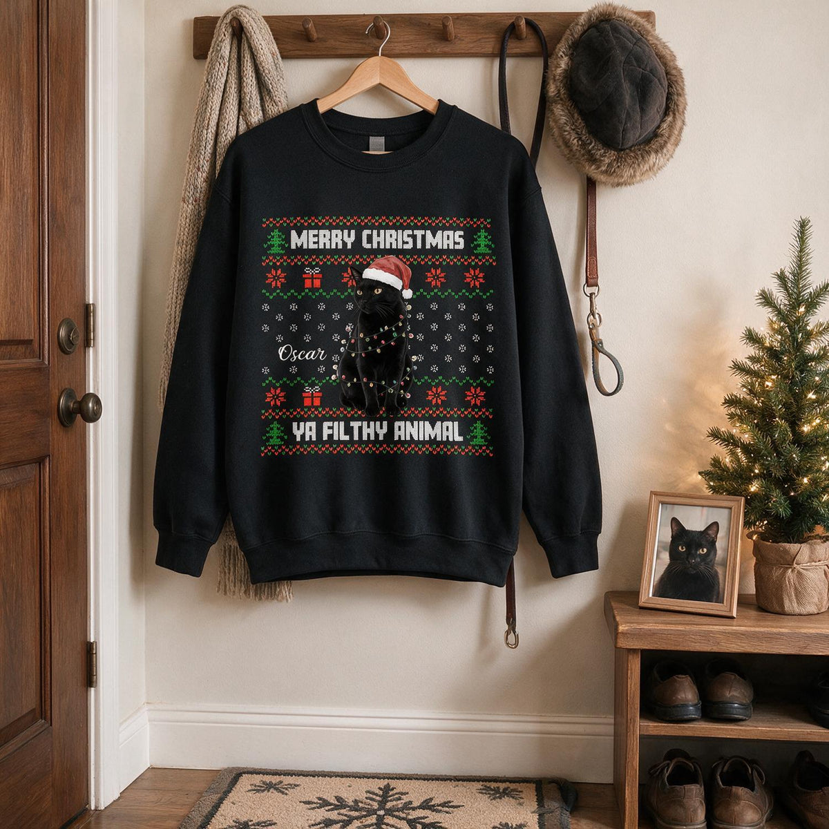 Personalisierter Weihnachts-Sweatshirt mit schwarzer Katze, Geschenk für Katzenliebhaber