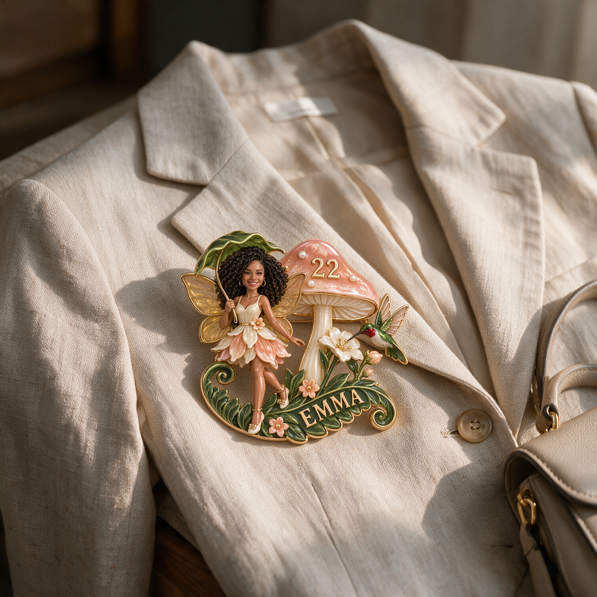 Personalisierte Feengarten-Anstecknadel - Geburtstagsgeschenk mit Foto, Name und Alter, Pilz und Kolibri