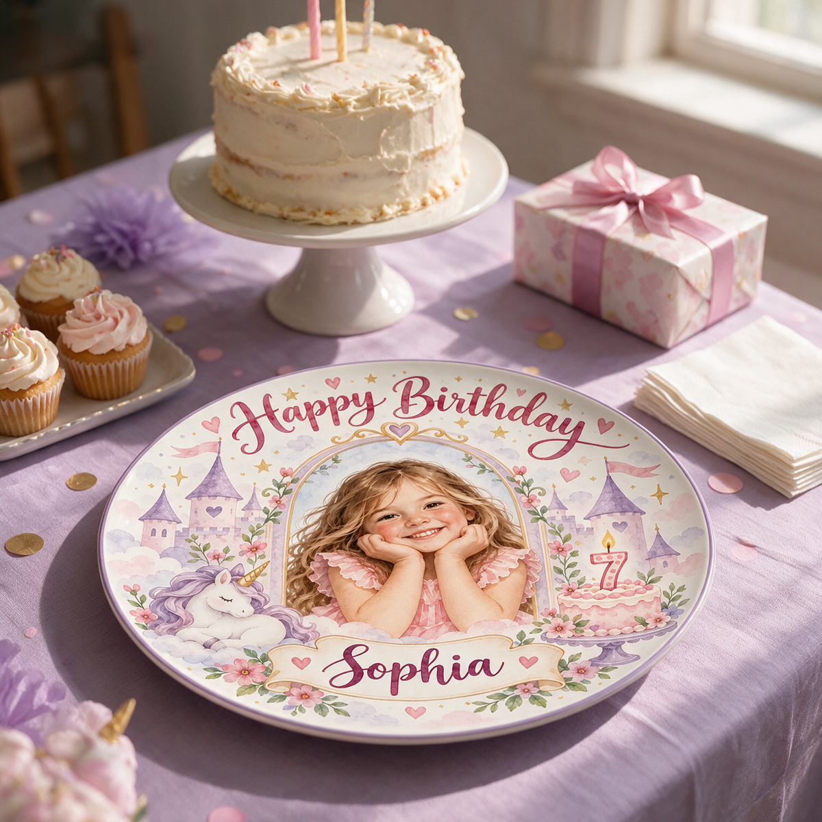 Personalized Unicorn Ceramic Round Plate - Princess Birthday Portrait, Custom Name and Age