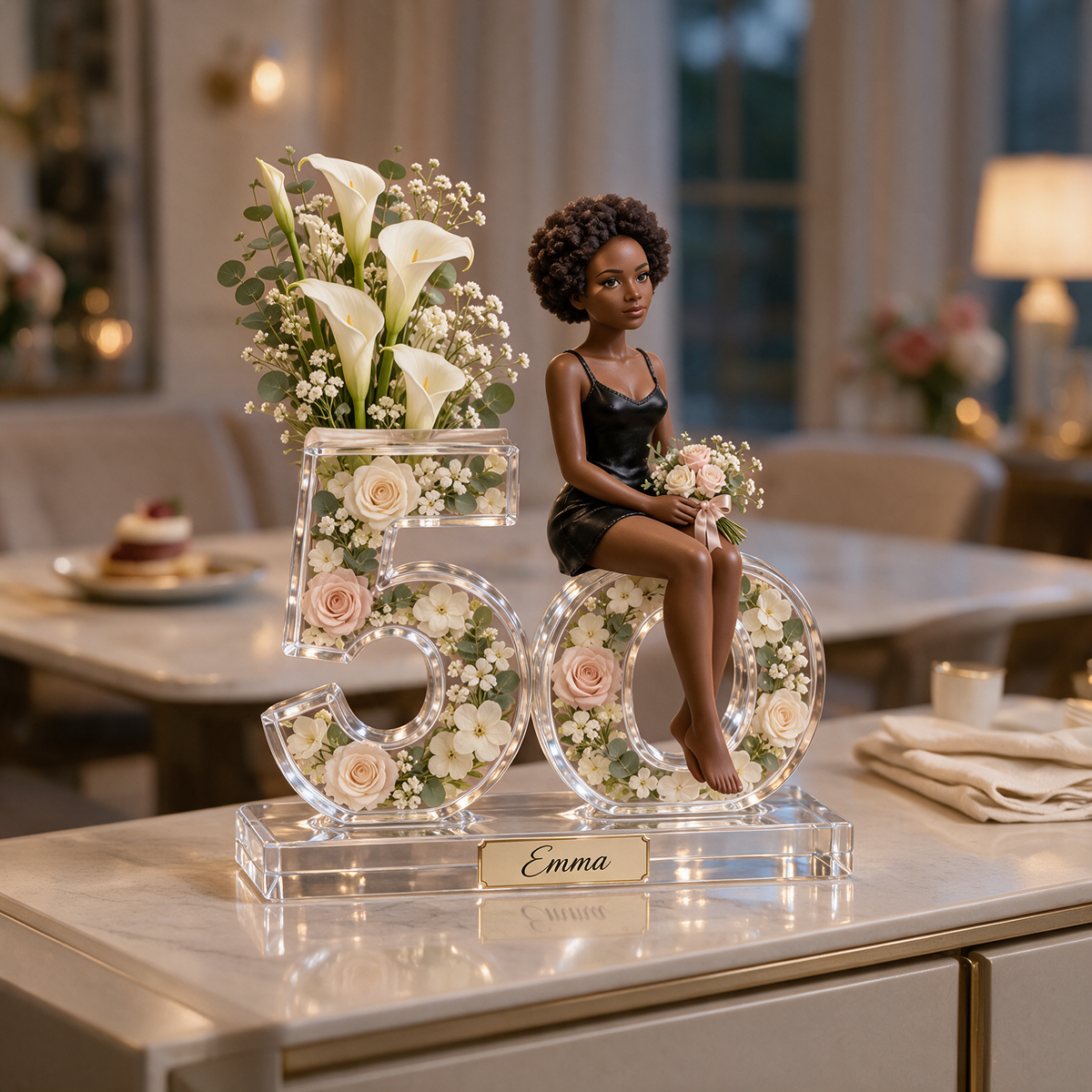 Personalized Custom Photo Floral Acrylic Number Figurine Display - 50th Birthday Gift for Women