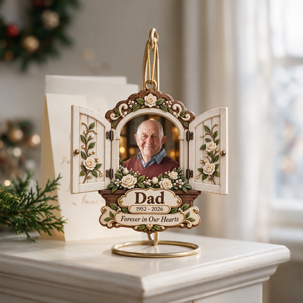 Personalized Custom Photo Dad Memorial Open Window Layered Wood Ornament - Christmas Remembrance Keepsake
