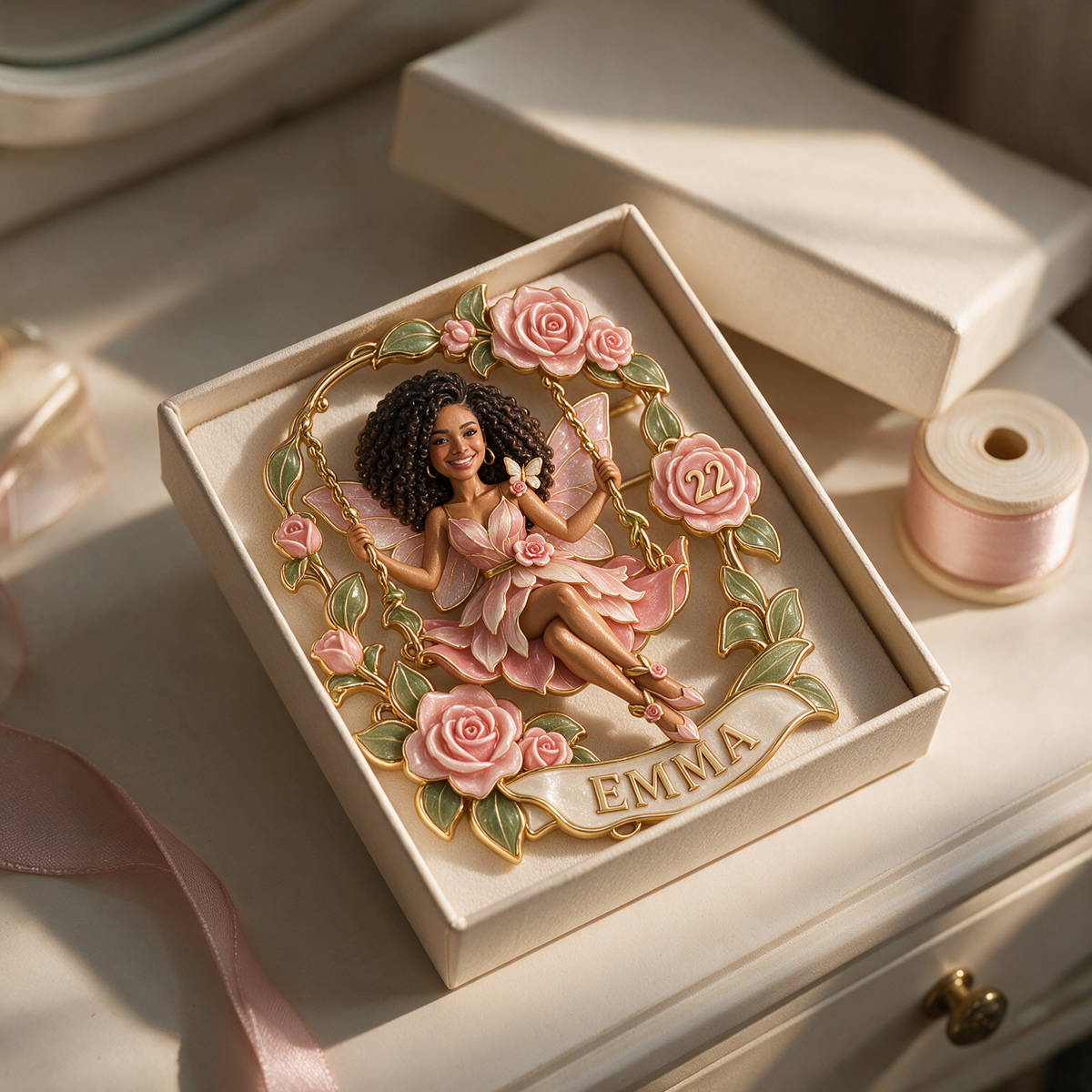 Personalized Birthday Fairy Brooch - Rose Swing, Portrait, Name and Age