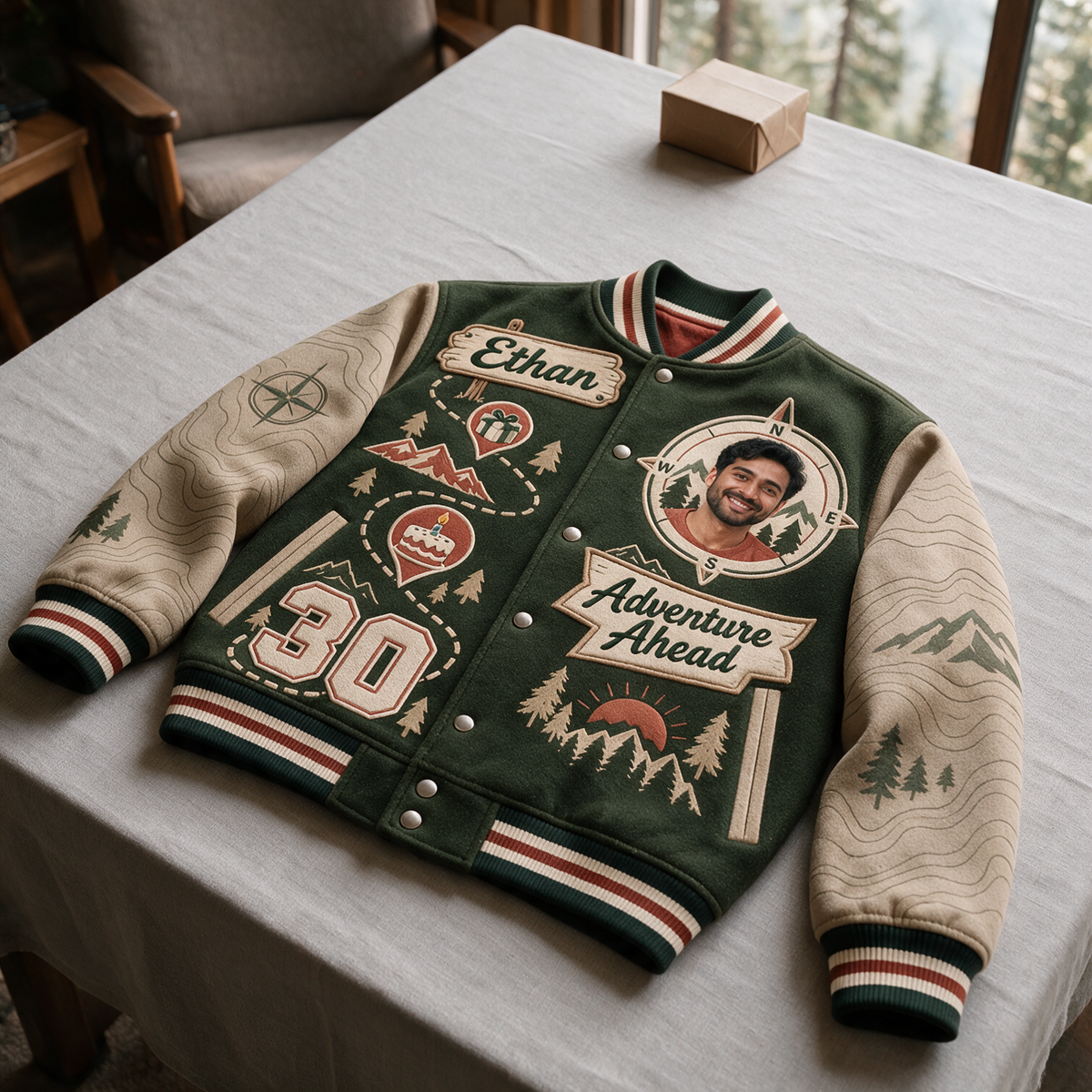 Personalized Birthday Varsity Jacket - Men's Compass Photo & Trail Design