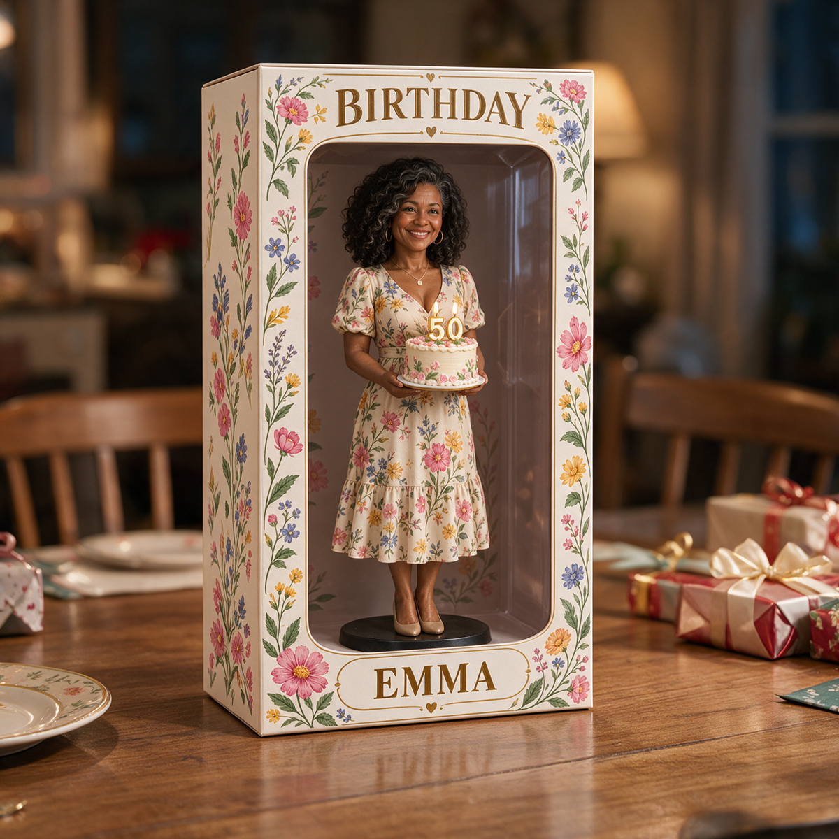 Personalisierte Foto-Wildblumen-Figurinen-Display-Box - 50. Geburtstagsgeschenk für Frauen