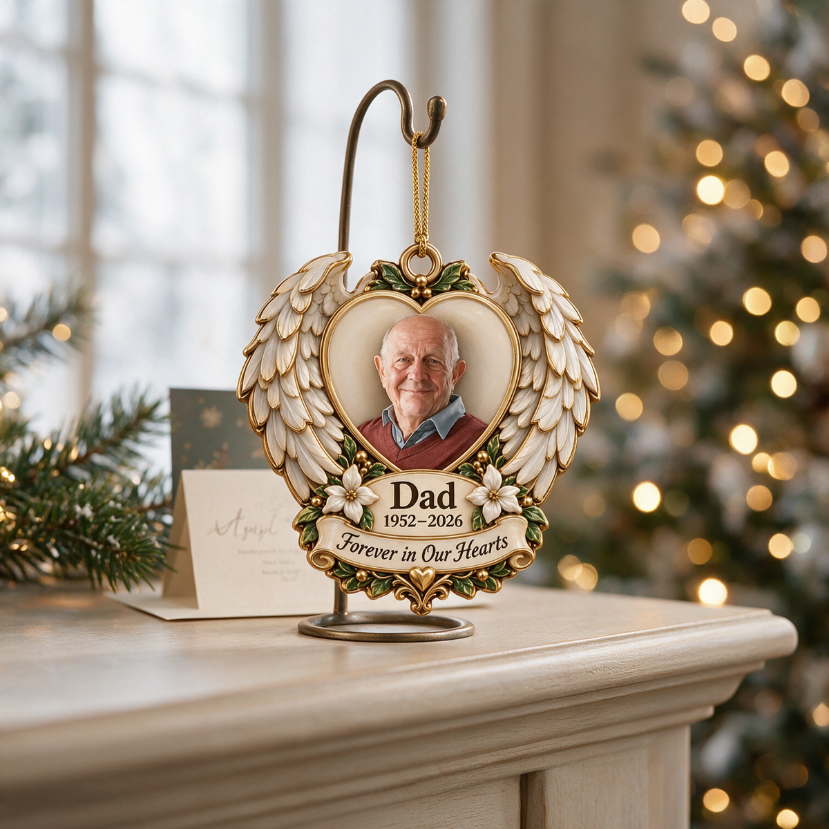 Personalized Custom Photo Dad Memorial Angel Wings Heart 3D Ornament - Christmas Remembrance Keepsake