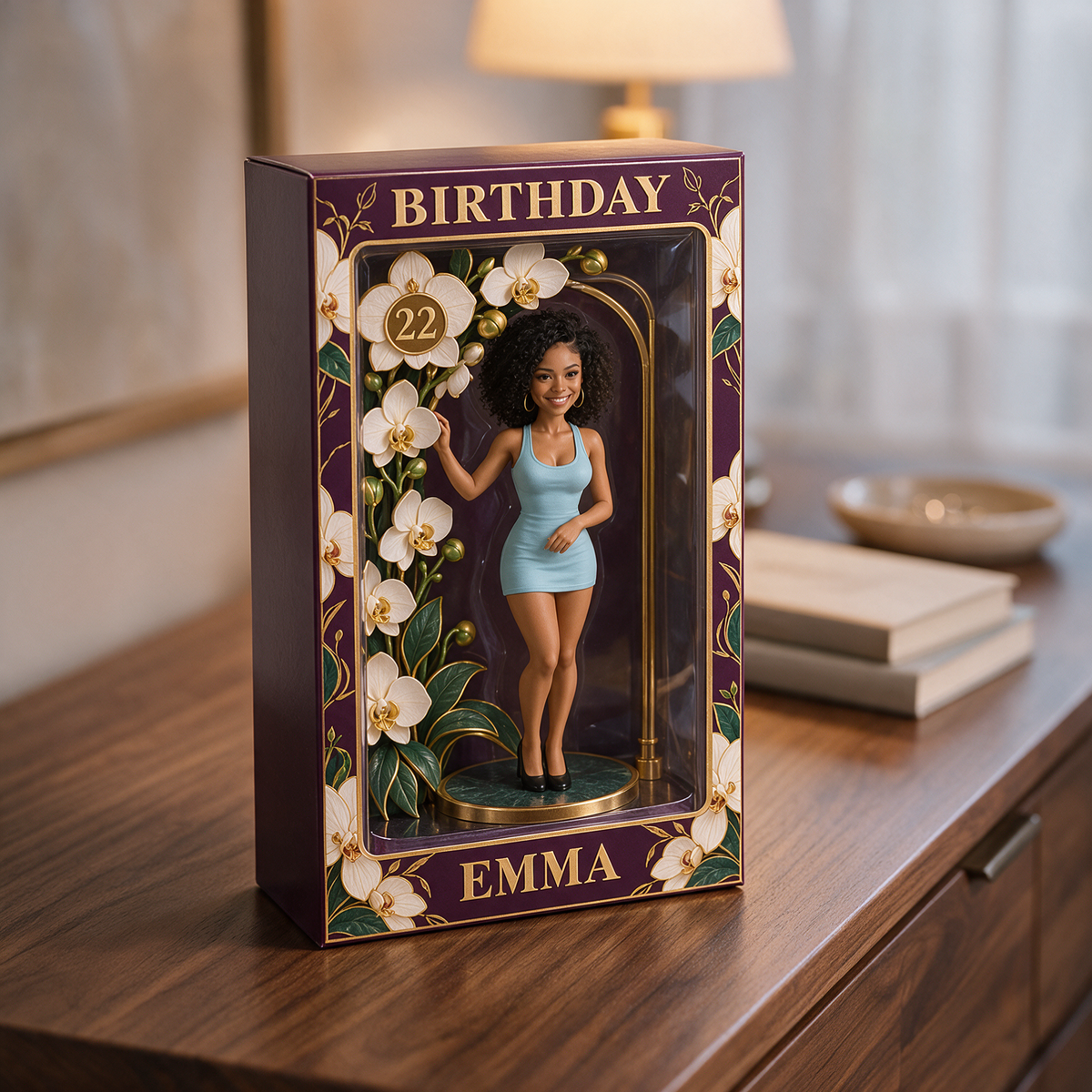 Personalized Orchid Birthday Display Box - Photo Portrait Figurine with Name and Age