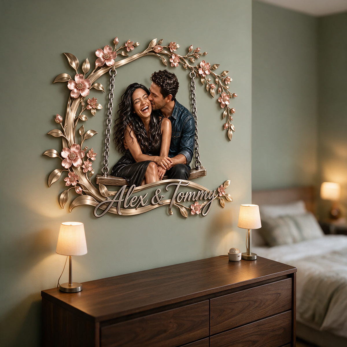 Personalized Custom Photo Floral Swing 3D Metal Wall Art - Gift for Couples
