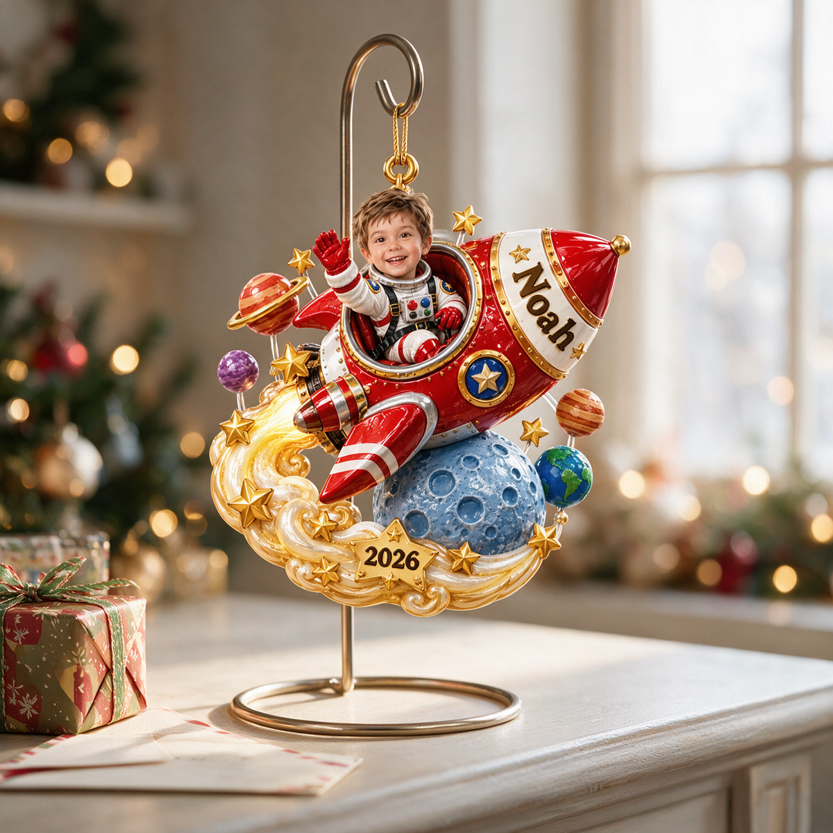 Personalized Custom Photo Rocket 3D Ornament - 2026 Christmas Gift for Boys