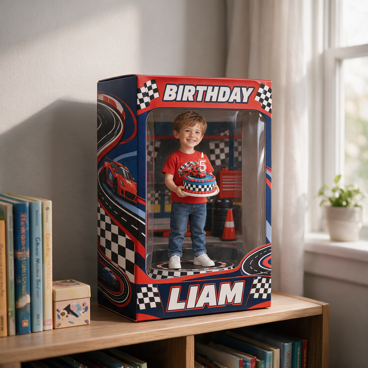Personalisierte Foto-Rennwagen Acryl-Displaybox - 5. Geburtstag Geschenk für Jungen