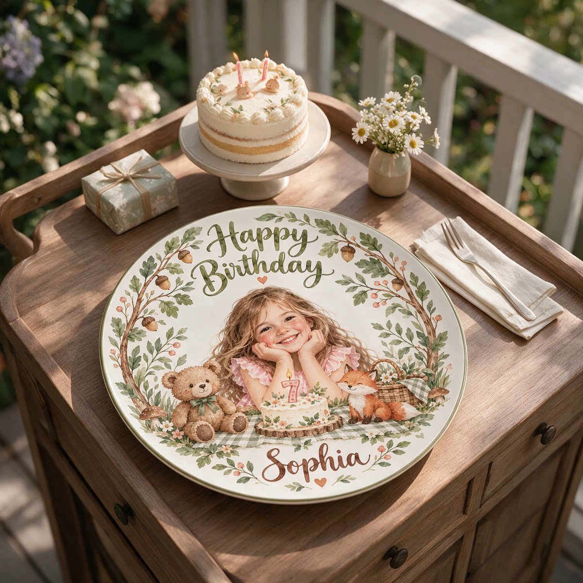 Personalized Birthday Ceramic Round Plate - Woodland Watercolor Portrait Gift