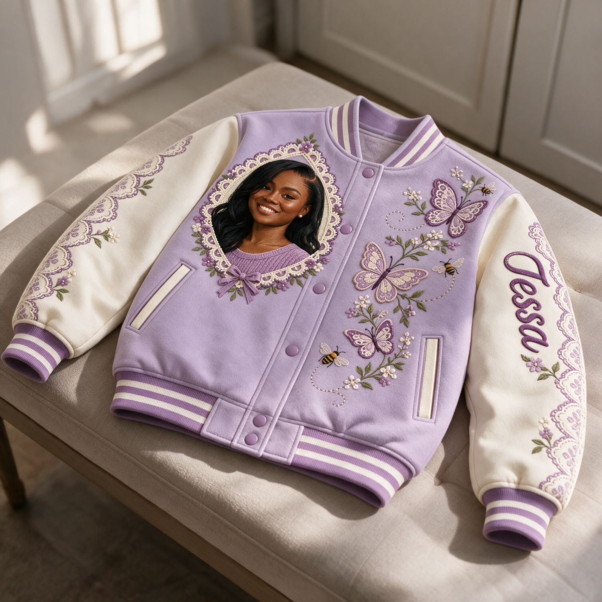 Personalized Butterfly Lace Varsity Jacket - Women's Portrait and Name