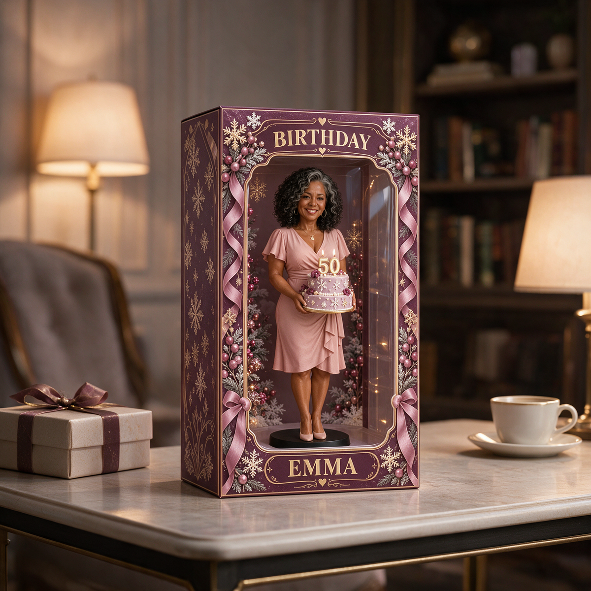 Personalized Custom Photo Winter Snowflake Figurine in Acrylic Display Box - 50th Birthday Gift for Women