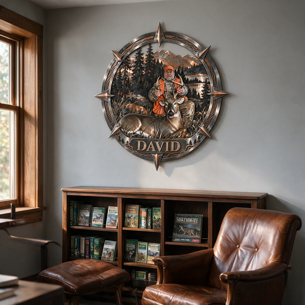 Personalized Custom Photo Deer Hunting 3D Metal Wall Art - Compass Frame Gift for Older Men