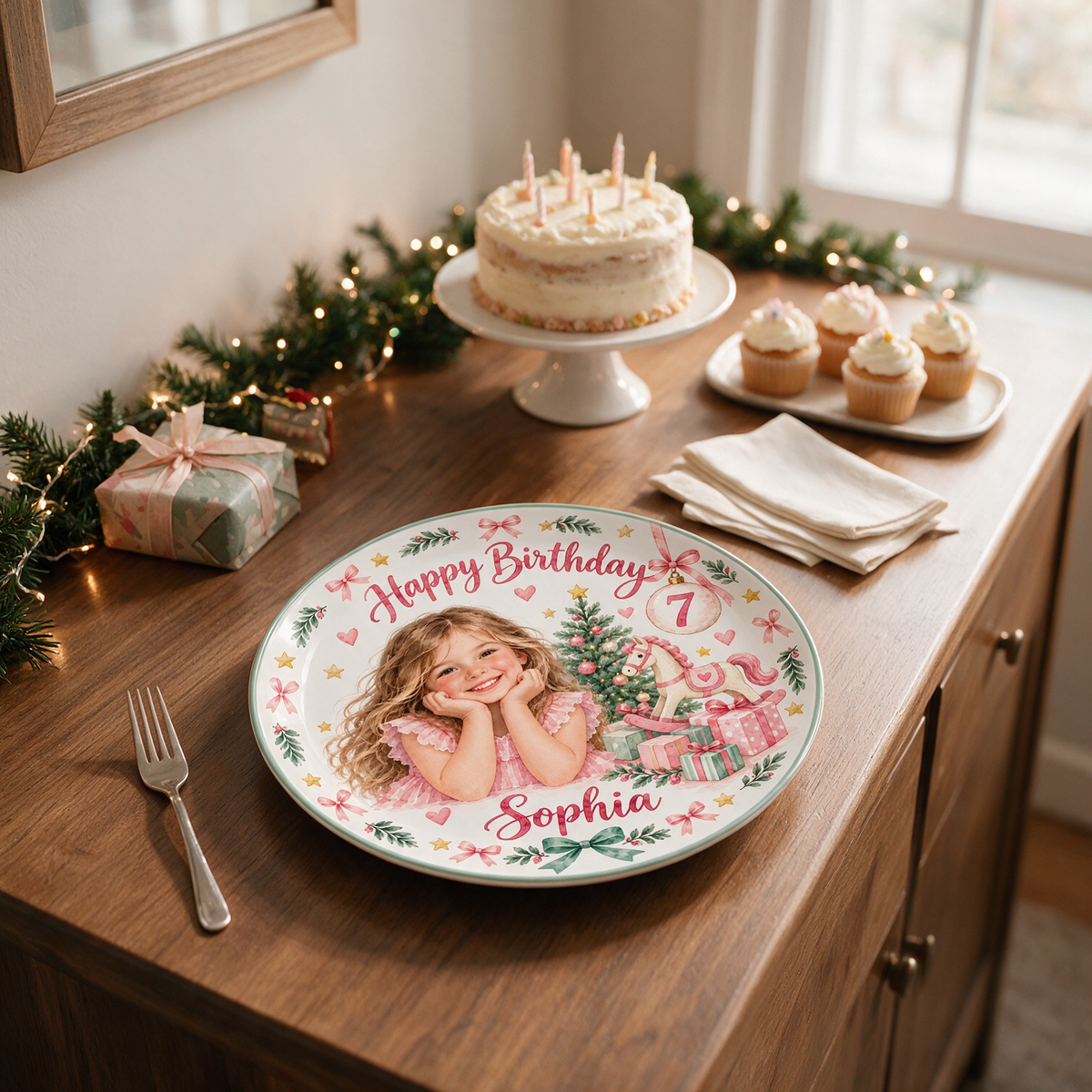 Personalized Birthday Ceramic Round Plate - Pink Christmas Portrait, Rocking Horse, Custom Name and Age