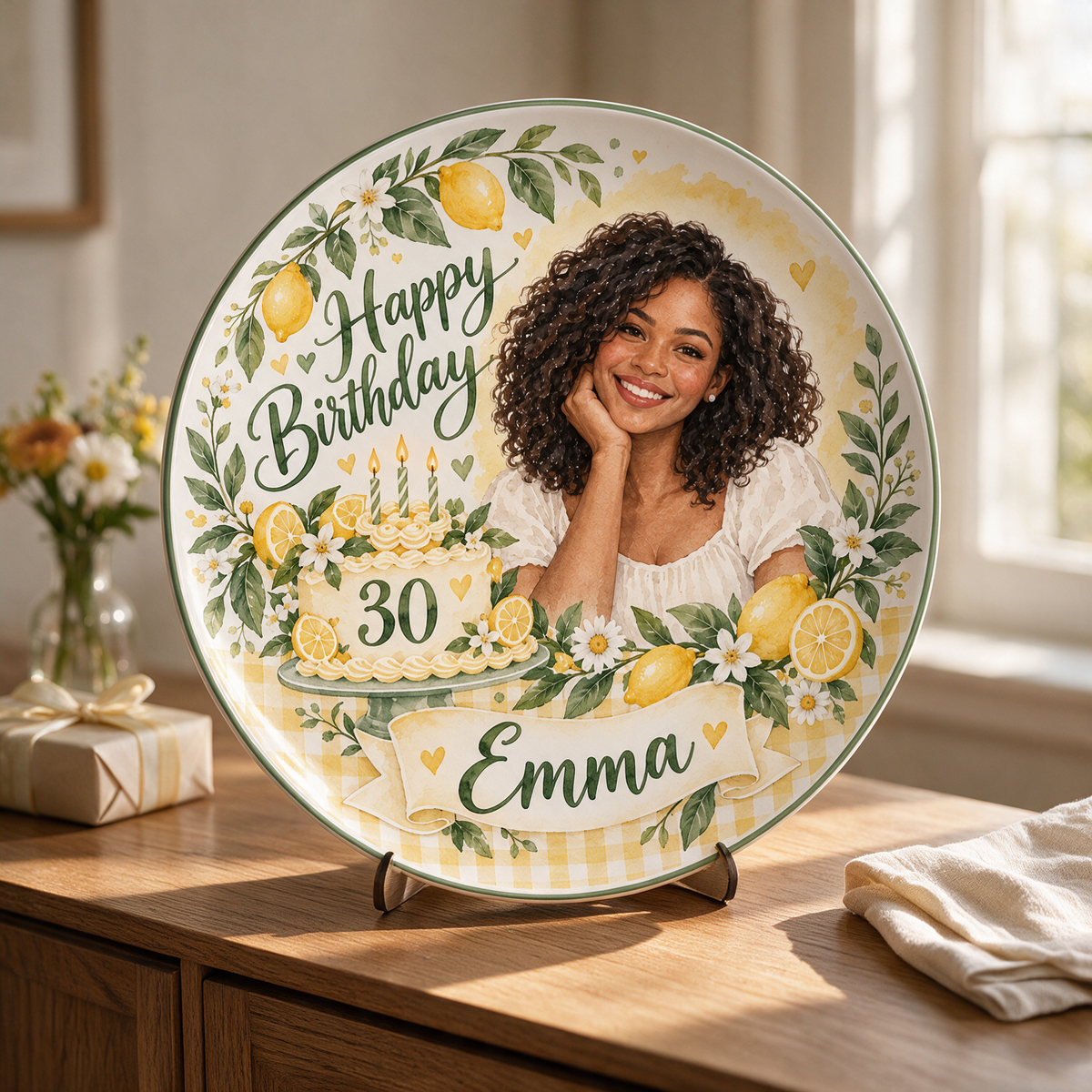 Personalized Lemon Birthday Ceramic Plate - Watercolor Portrait, Custom Name and Age