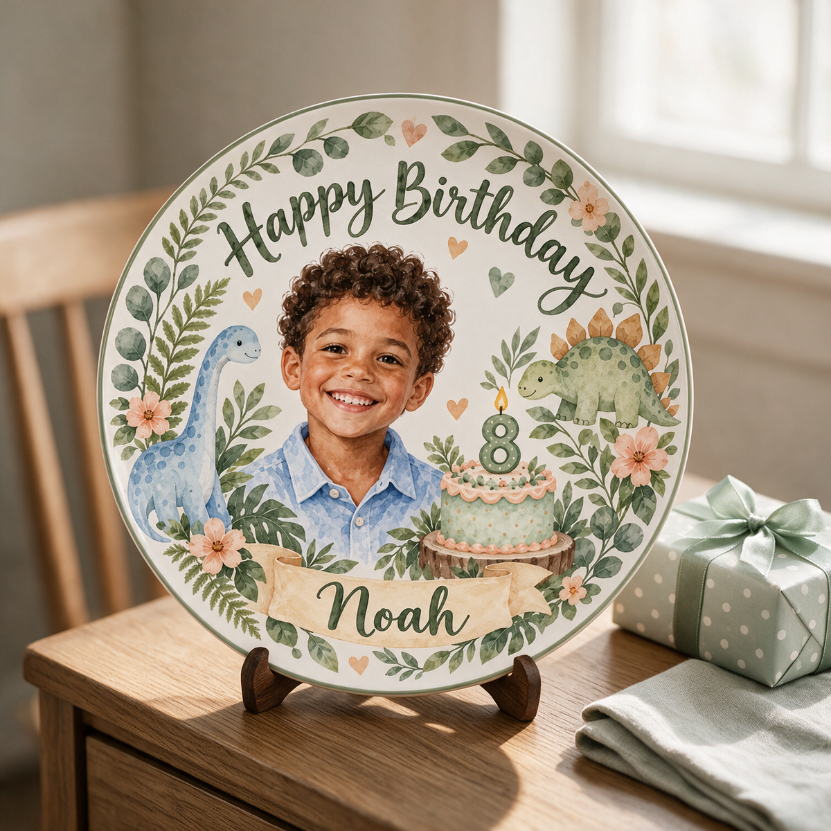 Personalized Dinosaur Birthday Ceramic Plate - Watercolor Portrait, Custom Name and Age