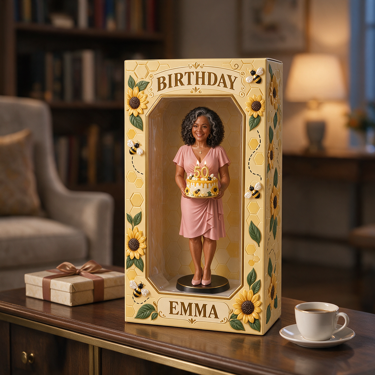 Personalized Custom Photo Sunflower Bee Figurine in Acrylic Display Box - 50th Birthday Gift for Women