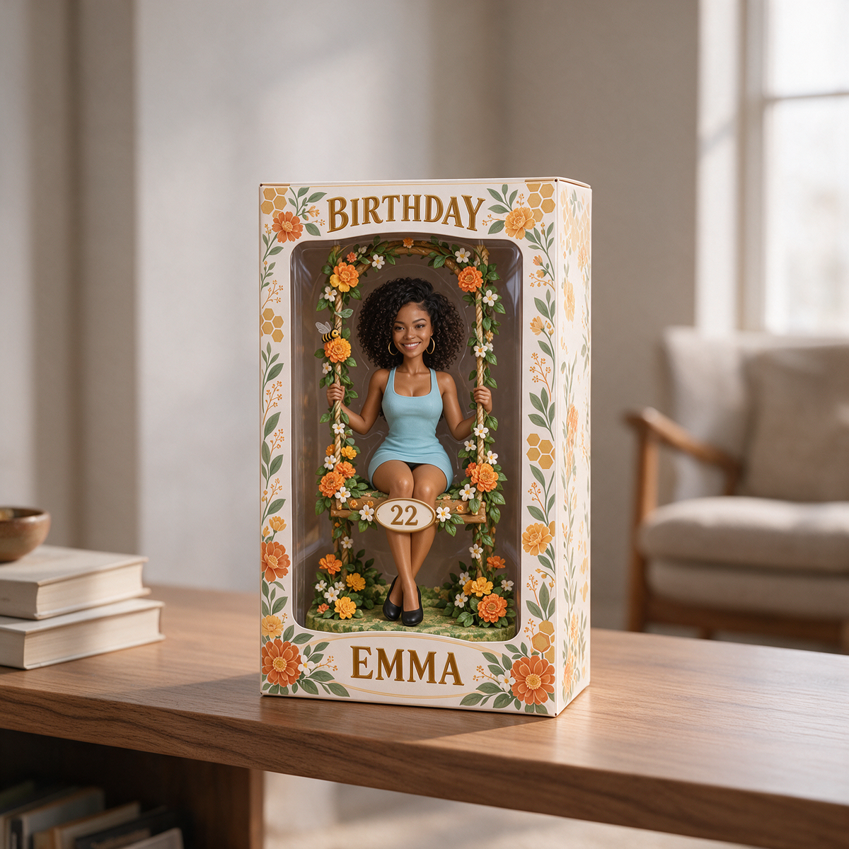 Personalized Floral Swing Display Box - Birthday Portrait Figurine with Name and Age