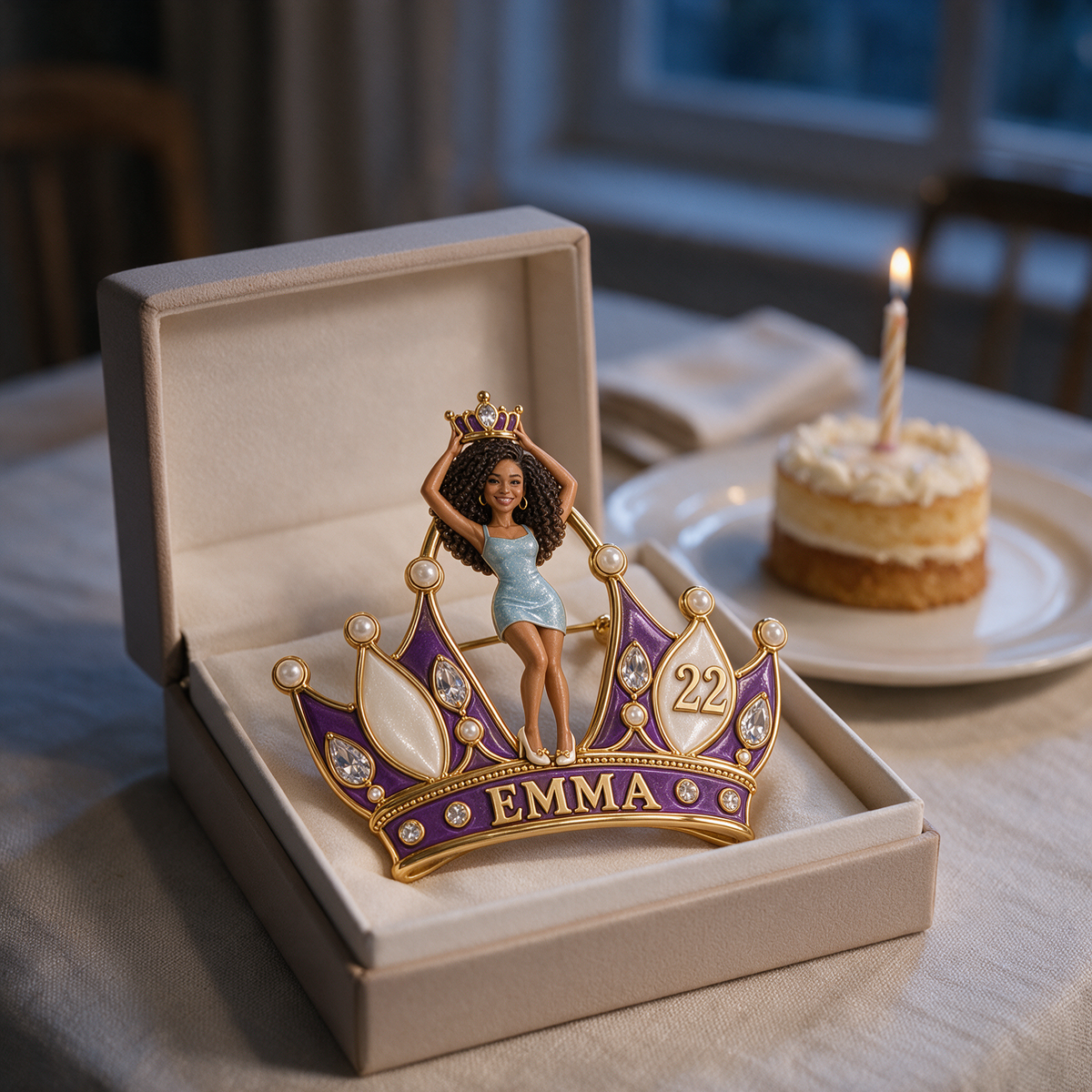 Personalized Birthday Crown Brooch - Sculpted Portrait, Name and Age