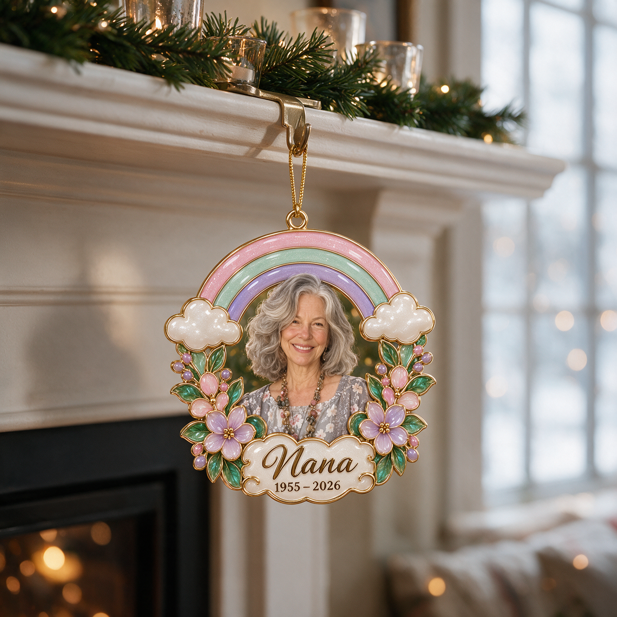 Personalized Custom Photo Rainbow Floral Memorial Christmas Ornament - In Memory of Grandma