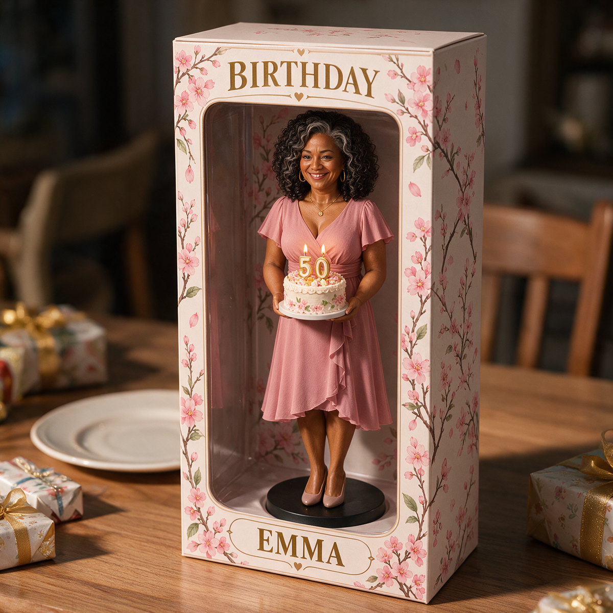 Personalisierte Foto Kirschblüten Figurinen Präsentationsbox - 50. Geburtstagsgeschenk für Frauen