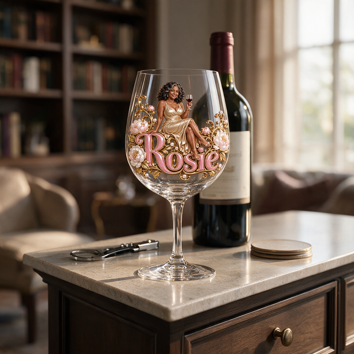 Personalized Custom Photo Peony Wine Glass - Gift for Older Women