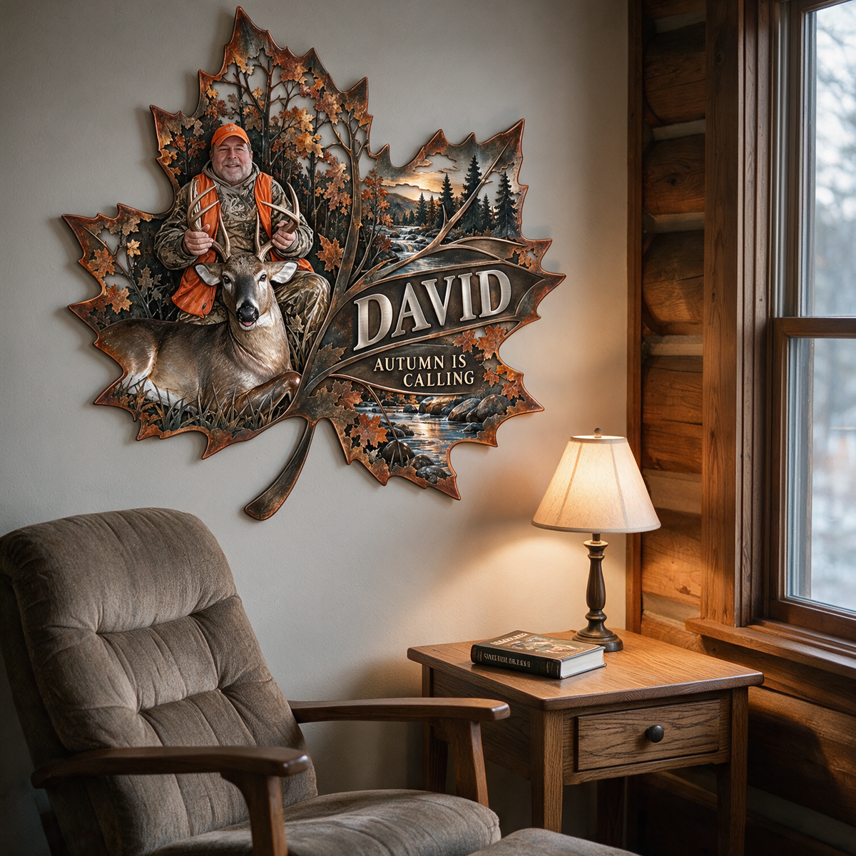 Personalisierte Jagd Metall-Schild - Herbst-Ahornblatt Wandkunst mit Foto, Name und Text