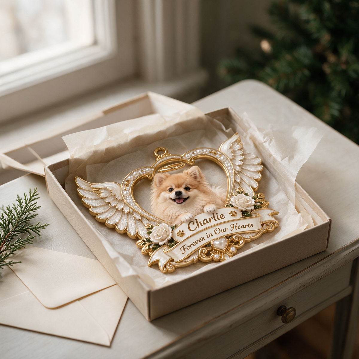 Personalized Custom Photo Pomeranian Memorial 3D Angel Wings Heart Ornament - Christmas Dog Lover Gift