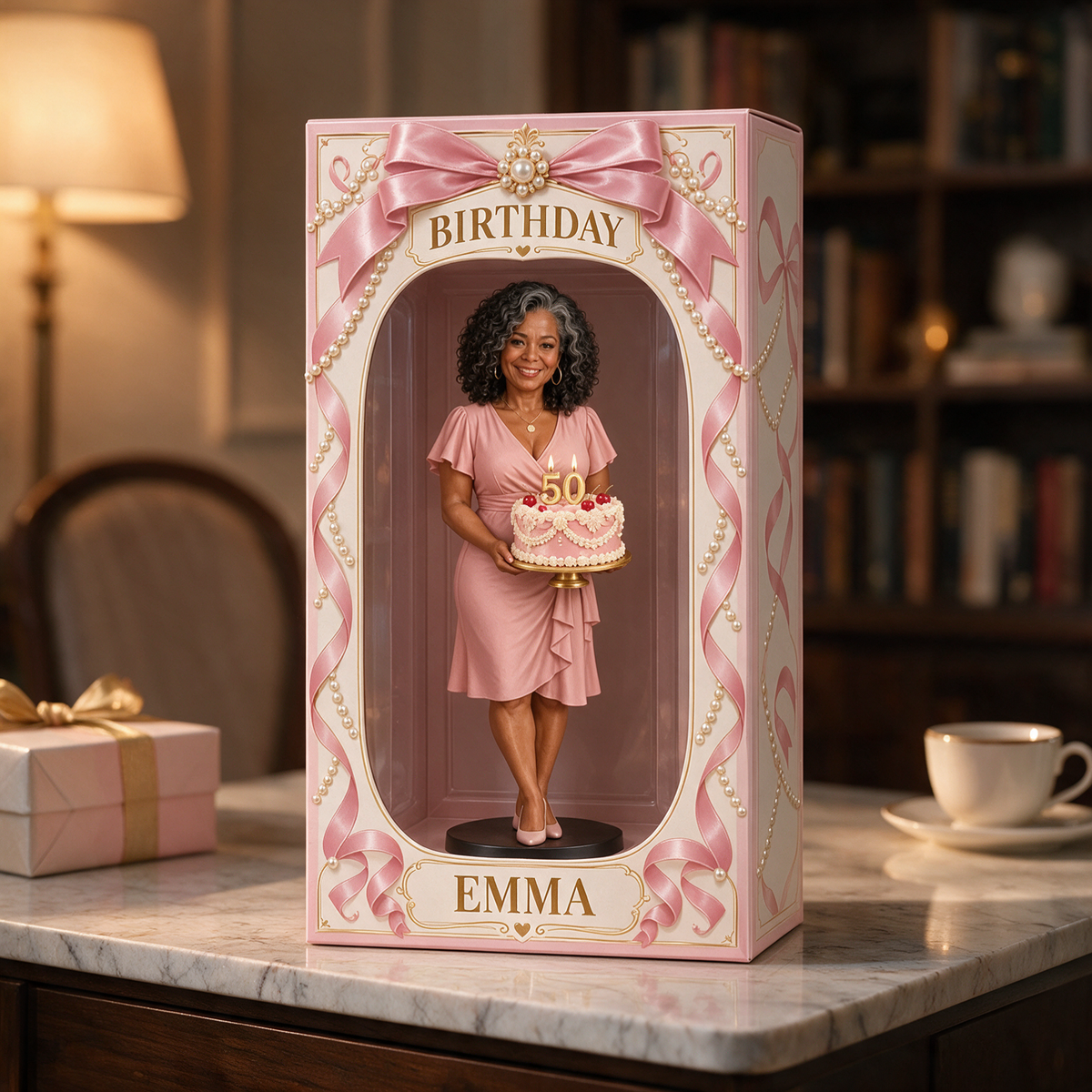 Personalized Custom Photo Pearl Bow Figurine in Acrylic Display Box - 50th Birthday Gift for Women