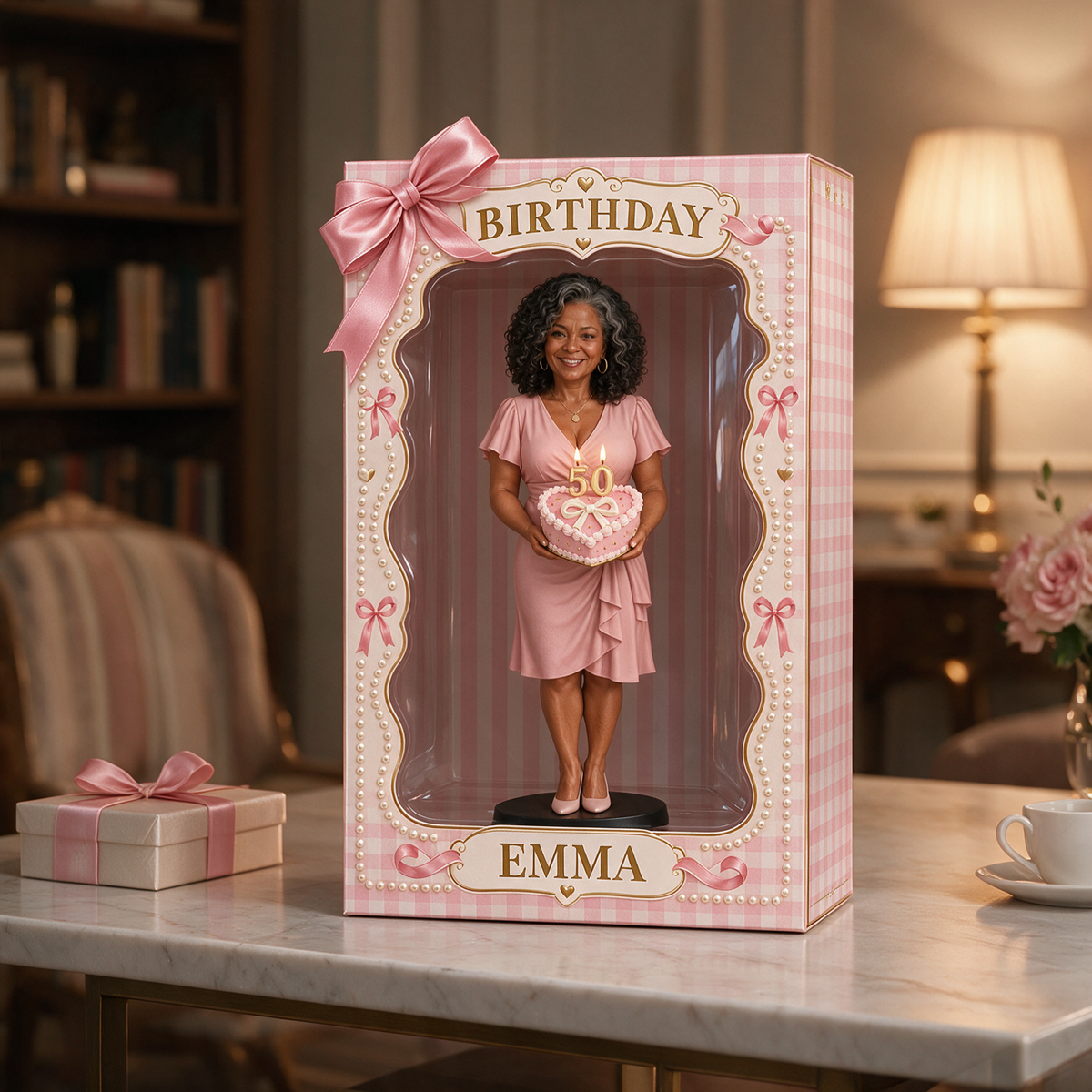 Personalized Custom Photo Pink Bow Figurine in Acrylic Display Box - 50th Birthday Gift for Women
