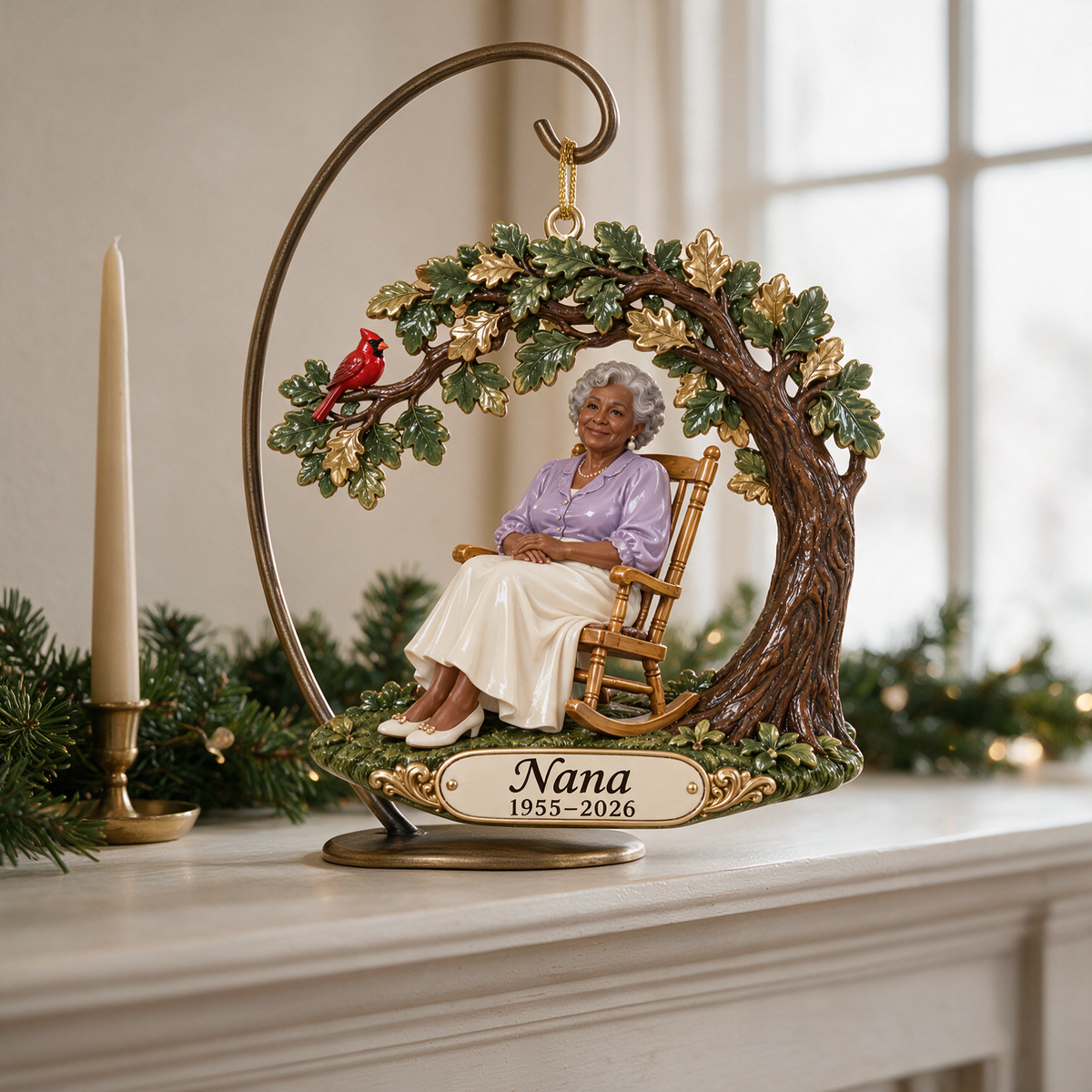 Personalized Custom Photo Oak Tree Rocking Chair Memorial 3D Christmas Ornament - Grandmother Remembrance Keepsake